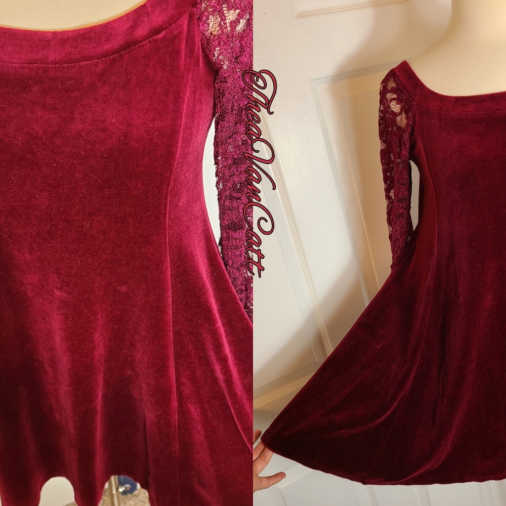90s Betsey Johnson LUXE lace sleeves burgundy wine red VELVET mini dress / tunic - Picture 4 of 9